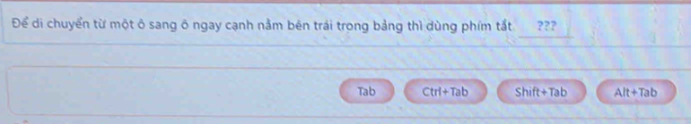 Để di chuyển từ một ô sang ô ngay cạnh nằm bên trái trong bảng thì dùng phím tắt ???
Tab Ctrl+Tab Shift+Tab Alt+Tab