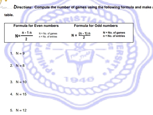 Directions: Compute the number of games using the following formula and make 
table. 
Formula for Even numbers Formula for Odd numbers
N= (n-1n)/2  n=No of entries of games N= ((n-1)n)/2  n=No of entries . of games
N=No
N=No
1. N=9
2. N=8
3. N=10
4. N=15
5. N=12