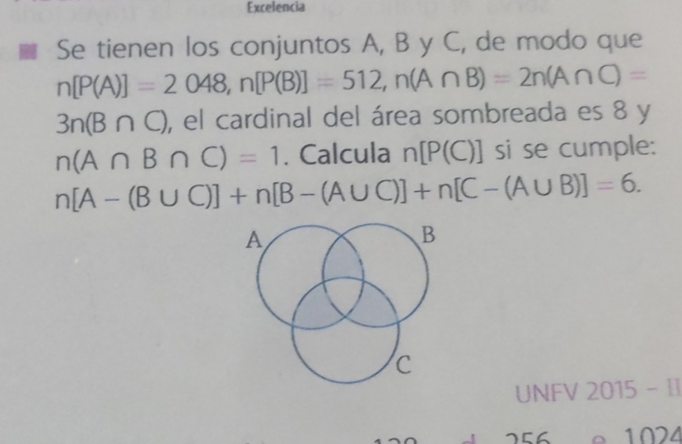 Excelencia 
Se tienen los conjuntos A, B y C, de modo que
n[P(A)]=2048, n[P(B)]=512, n(A∩ B)=2n(A∩ C)=
3n(B∩ C) , el cardinal del área sombreada es 8 y
n(A∩ B∩ C)=1. Calcula n[P(C)] si se cumple:
n[A-(B∪ C)]+n[B-(A∪ C)]+n[C-(A∪ B)]=6. 
A 
B 
C 
UNFV 2015 -I]