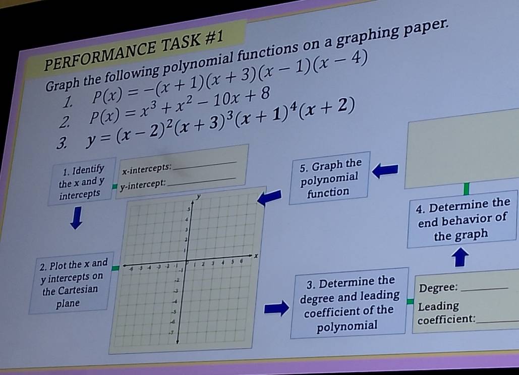 PERFORMANCE TASK #1
Graph the following polynomial functions on a graphing papen
1. P(x)=-(x+1)(x+3)(x-1)(x-4)
2. P(x)=x^3+x^2-10x+8
3. y=(x-2)^2(x+3)^3(x+1)^4(x+2)
1. Identify x-intercepts:
_
5. Graph the
the x and y
interceptsy-intercept:
_
polynomial
function
4. Determine the
end behavior of
the graph
2. Plot the x an
y intercepts on
3. Determine the
the CartesianDegree:_
plane
degree and leading
coefficient of the Leading_
polynomial coefficient: