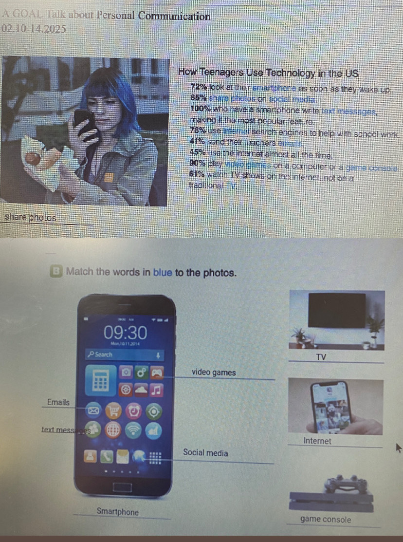 A GOAL Talk about Personal Communication 
02.10-14.2025 
w Teenagers Use Technology in the US
72% look at their smartphone as soon as they wake up
85% share photos on social media
100% who have a smartphone write text messages, 
making it the most popular feature.
78% use internet search engines to help with school work
41% send their teachers emails
45% use the internet almost all the time.
90% play videe games on a computer or a game consolle
61% watch TV shows on the internet, not on a 
raditional TV. 
share photos 
B Match the words in blue to the photos. 
9-3 
Man, 10.11,2014 
P Search 
c° video games 
(3 
Emails 
text mess 
Internet 
Social media 
Smartphone 
game console