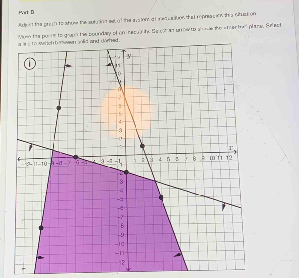 Adjust the graph to show the solution set of the system of inequalities that represents this situation. 
Move the points to graph the boundary of an inequality. Select an arrow to shade the other half-plane. Select