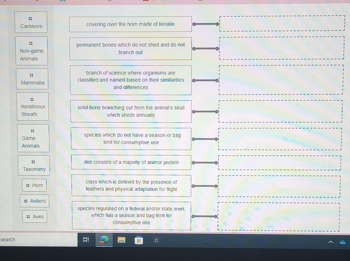 Carnivore covering over the horn made of keratin 
_  
:: permanent bones which do not shed and do not ·s ·s ·s 
Non-game branch out 
Animals 
:: 
branch of science where organisms are 
Mammalia classified and named based on their similarities =·s ·s ·s
and differences 
:: 
Keratinous solid bone branching out from the animal's skull =·s ·s
Sheath which sheds annually 
:: 
Game species which do not have a season or bag 
Animals limit for consumptive use a_100=a_11
:: diet consists of a majority of animal protein
□  ...4,4)
□  
Taxonomy 
class which is defined by the presence of (-3,4) □  
:: Hom feathers and physical adaptation for flight 
Antiers 
species regulated on a federal and/or state level, (□)^(□) 
:: Aves which has a season and bag limit for 
consumptive use 
search