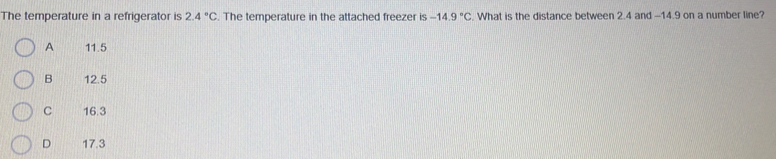 The temperature in a refrigerator is 2.4°C. The temperature in the attached freezer is -14.9°C. What is the distance between 2.4 and -14.9 on a number line?
A 11.5
B 12.5
C 16.3
D 17.3