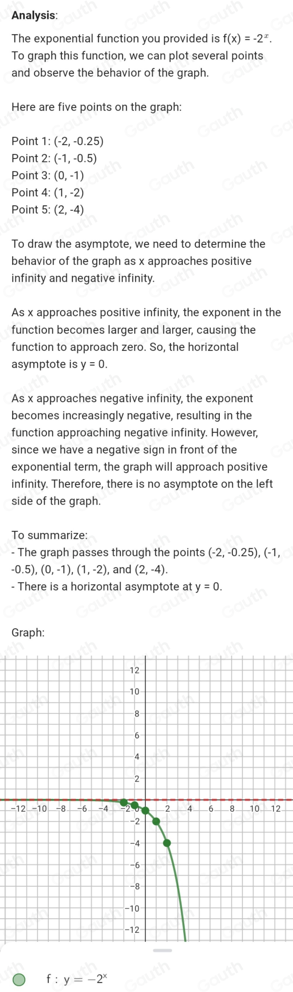 Solved: Graph the exponential function. f(x)=-2^x Plot five points on ...