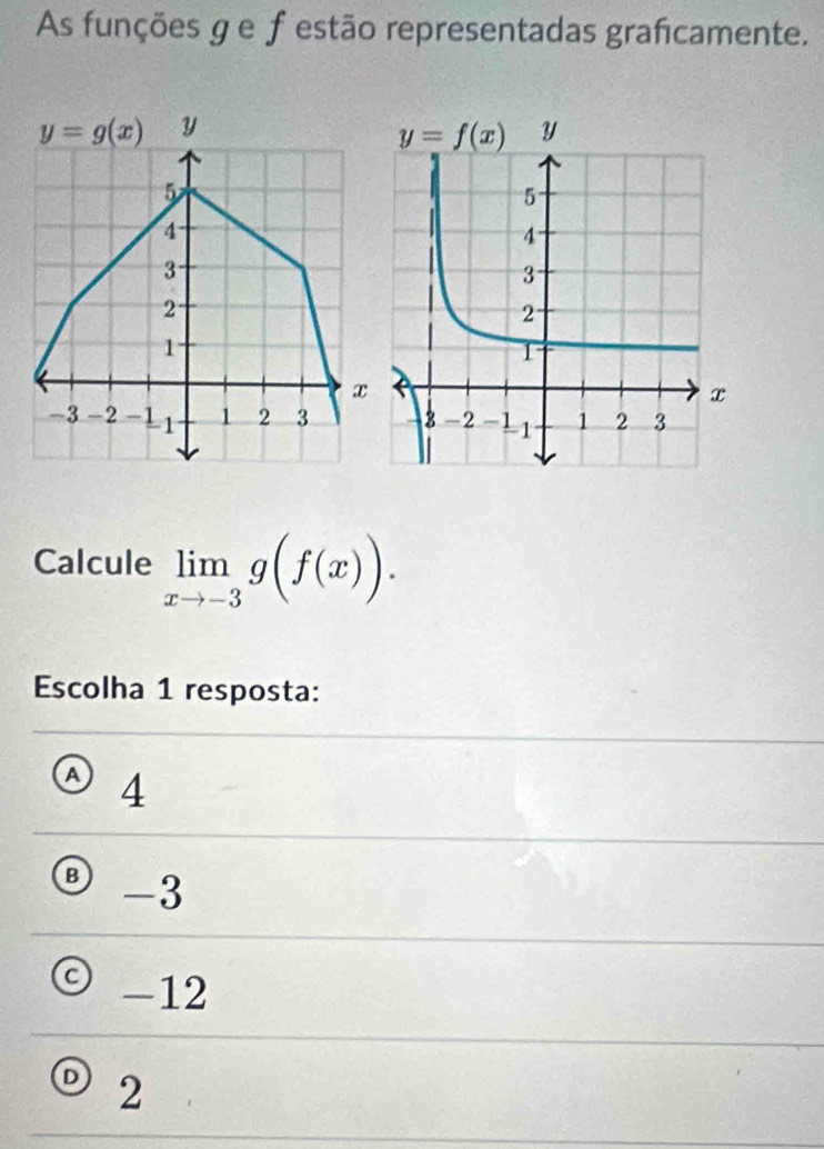 As funções g e f estão representadas graficamente.
Calcule limlimits _xto -3g(f(x)).
Escolha 1 resposta:
A 4
B -3
C -12
D 2