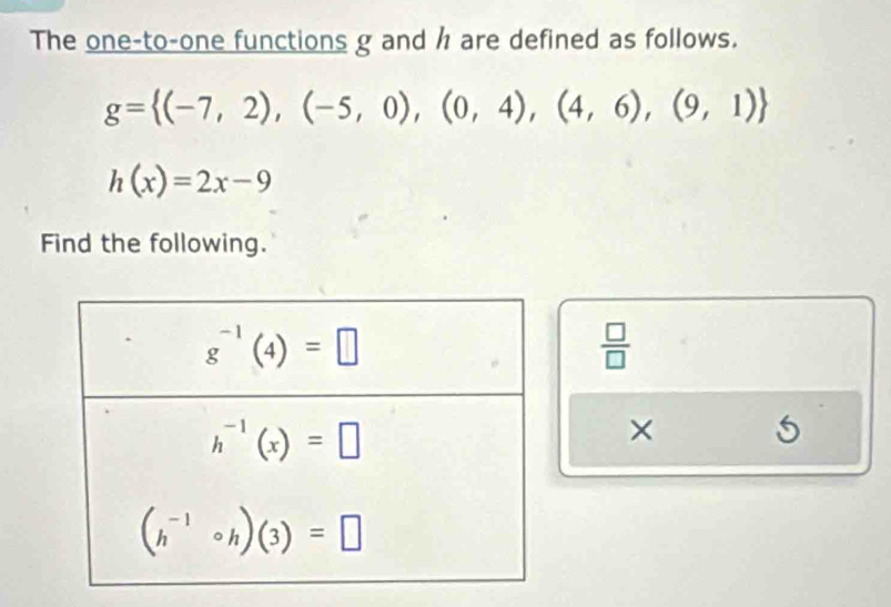 The one-to-one functions g and h are defined as follows.
g= (-7,2),(-5,0),(0,4),(4,6),(9,1)
h(x)=2x-9
Find the following.
 □ /□  
× 5