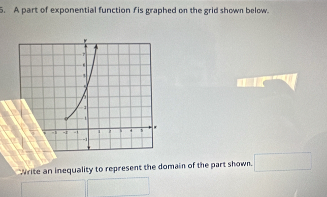 A part of exponential function fis graphed on the grid shown below. 
Write an inequality to represent the domain of the part shown. □ 
frac ^circ 