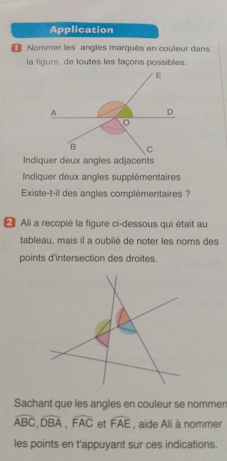 Application 
Nommer les angles marqués en couleur dans 
la figure, de toutes les façons possibles. 
Indiquer deux angles adjacents 
Indiquer deux angles supplémentaires 
Existe-t-il des angles complémentaires ? 
2 Ali a recopié la figure ci-dessous qui était au 
tableau, mais il a oublié de noter les noms des 
points d'intersection des droites. 
Sachant que les angles en couleur se nommen
widehat ABC, widehat DBA, widehat FAC et widehat FAE , aide Ali à nommer 
les points en t'appuyant sur ces indications.