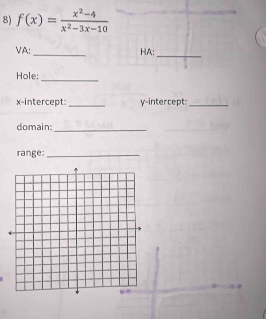 f(x)= (x^2-4)/x^2-3x-10 
VA: _HA:_ 
Hole:_ 
x-intercept:_ y-intercept:_ 
domain:_ 
range:_