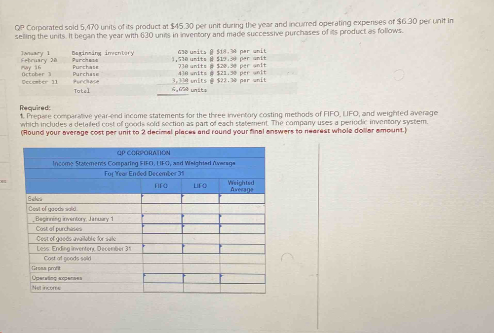 QP Corporated sold 5,470 units of its product at $45.30 per unit during the year and incurred operating expenses of $6.30 per unit in 
selling the units. It began the year with 630 units in inventory and made successive purchases of its product as follows. 
January 1 Beginning inventory units @ $18.30 per unit 
February 20 Purchase units @ $19.30 per unit
beginarrayr 1,530 730 738,350 hline 6,650 hline endarray
May 16 Purchase units @ $20.30 per unit 
October 3 Purchase units @ $21.30 per unit 
December 11 Purchase units @ $22.30 per unit 
Total units 
Required: 
1. Prepare comparative year-end income statements for the three inventory costing methods of FIFO, LIFO, and weighted average 
which includes a detailed cost of goods sold section as part of each statement. The company uses a periodic inventory system. 
(Round your average cost per unit to 2 decimal places and round your final answers to nearest whole dollar amount.)