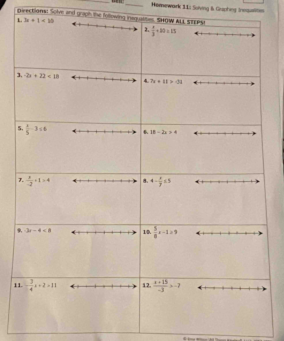 Homework 11: Solving & Graphing Inequalities
Directions: Solve and graph the following
1
Gina Winoa LAIl Tunus