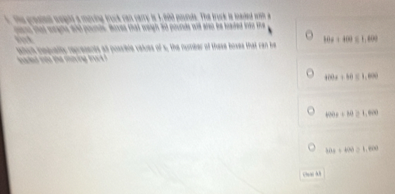 h(1)+400=1,800
e o ese boses a
1(6)= x+he=1,000
400x+50≥ 1,600
A(t)+t(a)=1,8(h)
Chải A