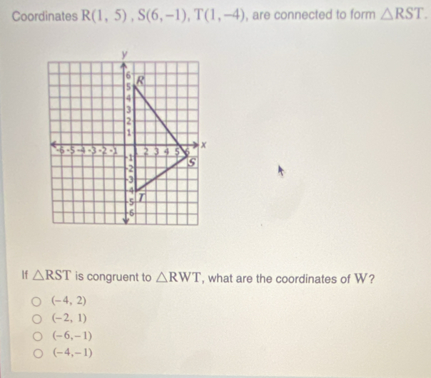 Coordinates R(1,5), S(6,-1), T(1,-4) , are connected to form △ RST.
y
6 R
5
4
3
2
1
-5 -5 -4 -3 -2 -1 -1 2 3 4 5 6 x
-2
-3
4
-5 T
-6
If △ RST is congruent to △ RWT , what are the coordinates of W?
(-4,2)
(-2,1)
(-6,-1)
(-4,-1)