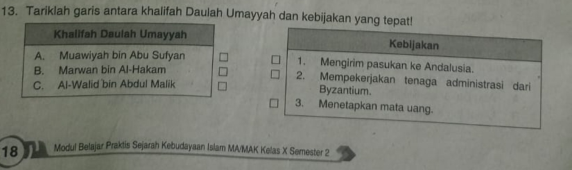 Tariklah garis antara khalifah Daulah Umayyah dan kebijakan yang tepat!
Kebijakan
1. Mengirim pasukan ke Andalusia.
2. Mempekerjakan tenaga administrasi dari
Byzantium.
3. Menetapkan mata uang.
18 Modul Belajar Praktis Sejarah Kebudayaan Islam MA/MAK Kelas X Semester 2