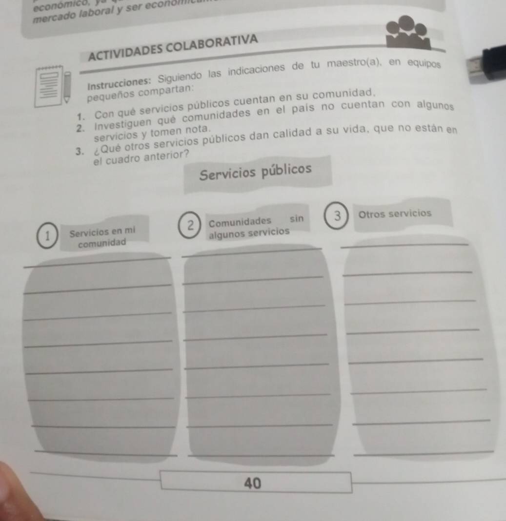 mercado laboral y ser econoi 
ACTIVIDADES COLABORATIVA 
Instrucciones: Siguiendo las indicaciones de tu maestro(a), en equipos 
pequeños compartan: 
1. Con qué servicios públicos cuentan en su comunidad, 
2. Investiguen qué comunidades en el país no cuentan con algunos 
servicios y tomen nota. 
3. ¿Qué otros servicios públicos dan calidad a su vida, que no están en 
el cuadro anterior? 
Servicios públicos 
1 Servicios en mi 2 Comunidades sin 3 Otros servicios 
_ 
comunidad algunos servicios_ 
_ 
_ 
_ 
_ 
_ 
_ 
_ 
_ 
_ 
_ 
_ 
_ 
_ 
_ 
_ 
_ 
_ 
_ 
_ 
_ 
_ 
_ 
_ 
_
40
_