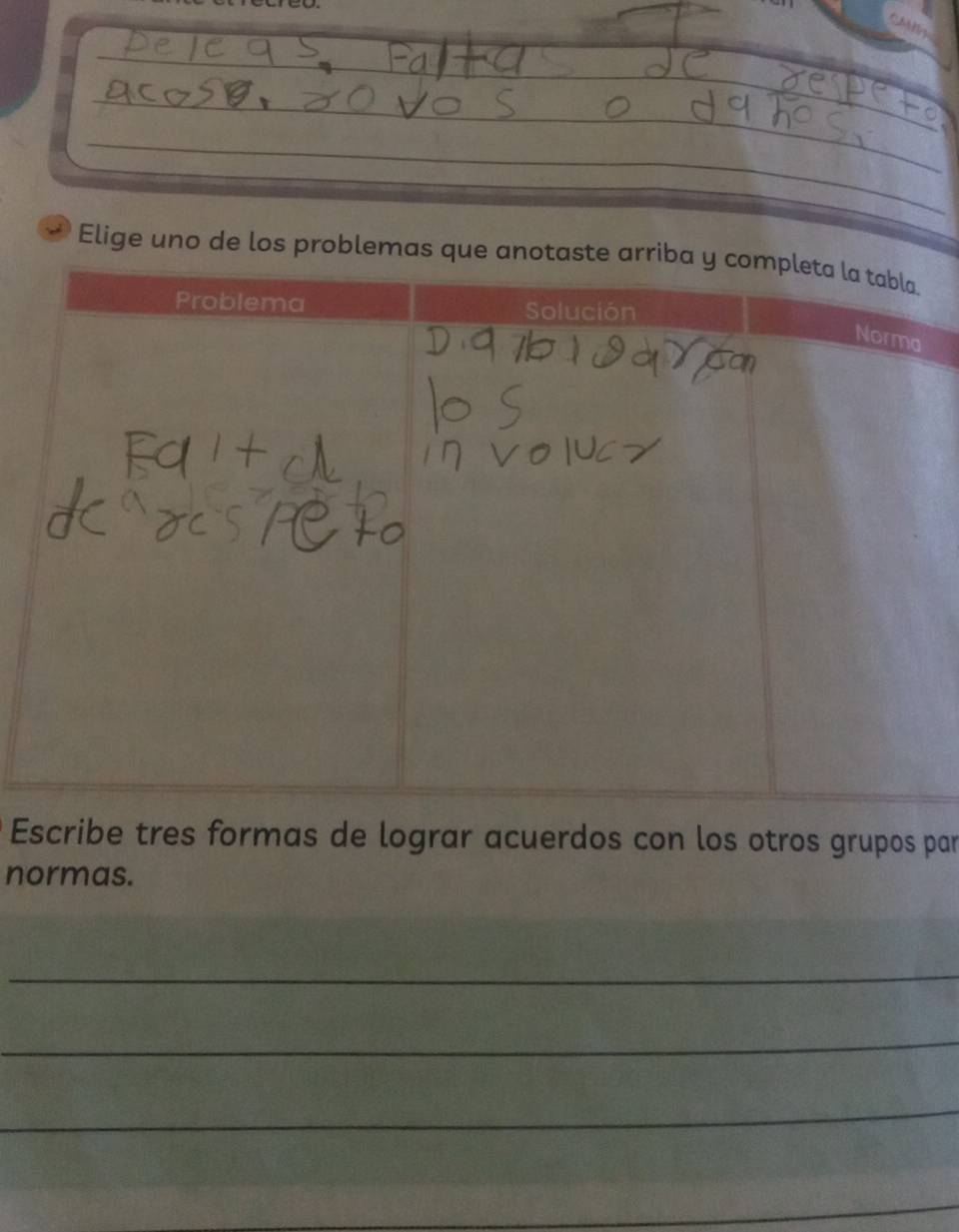 Elige uno de los problemas qu 
Escribe tres formas de lograr acuerdos con los otros grupos par 
normas. 
_ 
_ 
_ 
_ 
_