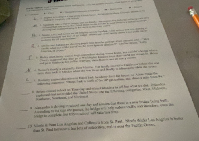UEEC THNG Reed the setimants ballon and stearty , using ths exabers poocide, what mawe of cmereas 
h           “ ”
= Pace M = Hnma Vavrnnc tntenócinn M - Ma√
t Stophes in looking at a mup of the United Smiy. He idertifion whae Chongo. Dmest in t
Cading is loegirads and brnde
_2. Sameares taker a trip to Esiopo wils tue famity. She cetions th tahanes io Esrope ws ser e
lon than they and in tie Uanal Stetes so she decides to sold Dareroo a pirtos t l==
sening and communesting to her some of the craay outfles.
’ Noole, Lexi, and Solina are all banging cunide together. Lex notices that it is starting w
rs and siggents that they all go sside. Nivoks sys don't worry shout it and pulls out sn
sssbisffa ver all these to sluarn 
4. Amilio and Antenio are ahouting paper balls into the gabage when Antonio asks - 'May
□
Amerisa, of course." Amilio what part of the world has the most Spanish epeakers Amlio ríplics, ''Latte
5. Hatley and Chanty wanted to go somewhere during winter break, but couldn't decide where
Charity suggested that they go to Washington because there they could see Mount St. Helen
_and go to Starbucks for coffee everyday, since there is one on every comner
6. Denise's fumily is originally from Mexico. Her family moved to California before she was
_born, then back to Mexico when she was three, and finally to Minnegota when she soven
7 Boutieny wanted directions to Hazel Park Academy from his bouse, so Alana made the
_following statement: "Hazel Park is north of the BP gas station, and about a mile from 94."
8. Selena mussed school on Thursday and asked Orlandria to tell her what we did. Orlandria
_explained that we divided the United States into the following categories: West, Midwest,
Southwest, Southeast, and Northeast.
9. Alexandra is driving to school one day and notices that there is a new bridge being built.
_According to the sign she passes, the bridge will help reduce traffic and therefore, once the
bridge is complete, her trip to school will take less time
10. Nicole is from Los Angeles and Colleen is from St. Paul. Nicole thinks Los Angeles is better
_than St. Paul because it has lots of celebrities, and is near the Pacific Ocean.