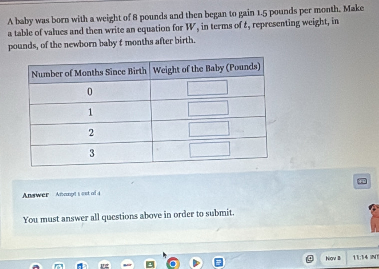 A baby was born with a weight of 8 pounds and then began to gain 1.5 pounds per month. Make 
a table of values and then write an equation for W, in terms of t, representing weight, in
pounds, of the newborn baby t months after birth. 
Answer Attempt 1 out of 4 
You must answer all questions above in order to submit. 
Nov 8 11:14 INT