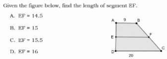 Given the figure below, find the length of segment EF.
A. EF=14.5
B. EF=15
C. EF=15.5
D. EF=16