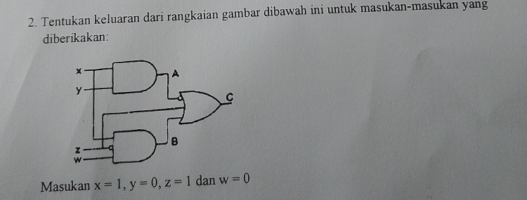 Tentukan keluaran dari rangkaian gambar dibawah ini untuk masukan-masukan yang 
diberikakan: 
Masukan x=1, y=0, z=1 dan w=0