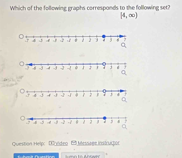 Which of the following graphs corresponds to the following set?
[4,∈fty )
Question Help: Video Message instructor 
Submit Question lump to Answer