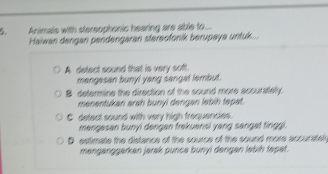 Animals with stersophonic hearing are able to...
Haiwan dengan pendengaran stereofoník berupaya untuk...
A detect sound that is very soft.
mengesan bunyi yang sangat lembut.
B determine the direction of the sound more accurately.
menentukan arah bunyi dengan lebín tepat.
C detect sound with very high frequencies.
mengesan bunyi dengan frekuensi yang sangat tinggi .
D estimate the distance of the source of the sound more accuratel
menganggarkan jarsk punca bunyi dengan ləbín tepat.