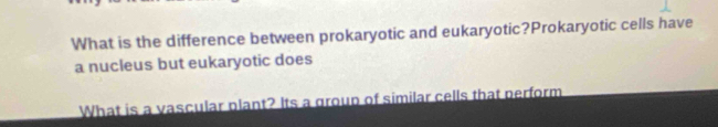 What is the difference between prokaryotic and eukaryotic?Prokaryotic cells have 
a nucleus but eukaryotic does 
What is a vascular plant? Its a group of similar cells that perform