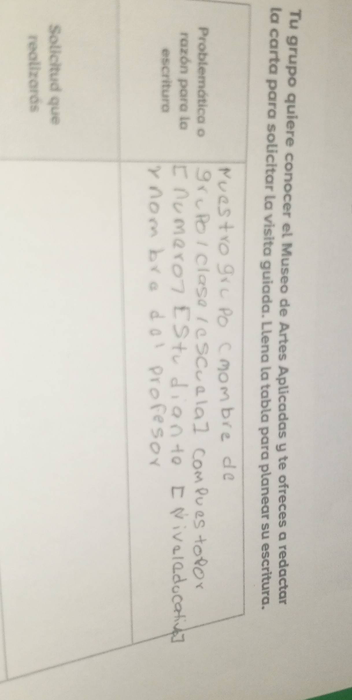 Tu grupo quiere conocer el Museo de Artes Aplicadas y te ofreces a redactar 
la carta para solicitar la visita guiada. Llena la tabla para planear su escritura.