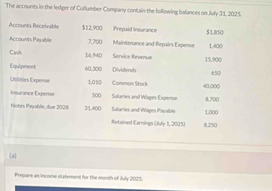 The accounts in the ledger of Cullumber Company contain the following balances on July 31, 2025. 
Accounts Receivable $12,900 Prepaid Insurance
$1,850
Accounts Payable 7,700 Maintenance and Repairs Expense 1,400
Cash 16,940 Service Revenue
15,900
Equipment 60,300 Dividends
650
Utilities Expense 1,010 Common Stock
40,000
Insurance Expense 500 Salaries and Wages Expense 8,700
Notes Payable, due 2028 31,400 Salaries and Wages Payable 1,000
Retained Earnings (July 1, 2025) 8,250
(a) 
Prepare an income statement for the month of July 2025.