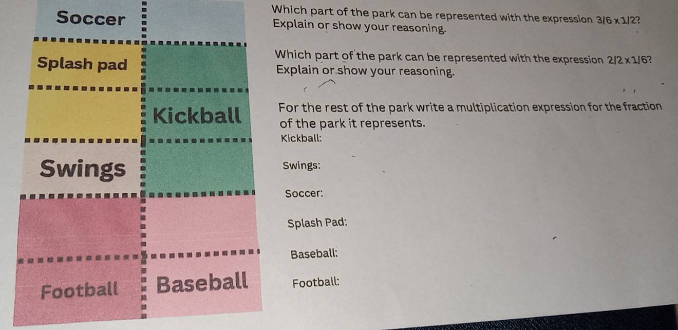 Which part of the park can be represented with the expression 3/6* 1/2 2 
Soccer Explain or show your reasoning. 
Which part of the park can be represented with the expression 2/2* 1/6
Splash pad Explain or show your reasoning. 
Kickball For the rest of the park write a multiplication expression for the fraction 
of the park it represents. 
Kickball: 
Swings Swings: 
Soccer: 
Splash Pad: 
Baseball: 
Football Baseball Football: