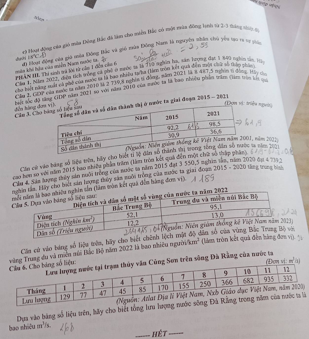 )êu quip u郎पN
c) Hoạt động của gió mùa Đông Bắc đã làm cho miền Bắc có một mùa đông lạnh từ 2-3 tháng nhiệt độ
d) Hoạt động của gió mùa Đông Bắc và gió mùa Đông Nam là nguyên nhân chủ yếu tạo ra sự phân
dưới 18°C.
mùa khi hậu của miền Nam nước ta.
PHÀN III. Thí sinh trả lời từ câu 1 đến câu 6
Cầu 1. Năm 2022, diện tích trồng cả phê ở nước ta là 710 nghìn hạ, sản lượng đạt 1 840 nghin tấn. Hãy
cho biết năng suất cả phê của nước ta là bao nhiêu tạ/ha (làm tròn kết quả đến một chữ số thập phân)
Câu 2. GDP của nước ta năm 2010 là 2 739,8 nghìn tỉ đồng, năm 2021 là 8 487,5 nghìn tỉ đồng. Hãy cho
biết tốc độ tăng GDP năm 2021 so với năm 2010 của nước ta là bao nhiêu phần trăm (làm tròn kết quả
nước ta giai đoạn 2015 - 2021
đến hàng đ
(Đơn vị: triệu người)
Câu 3. Cho
, năm 2022)
Căn cứ vào bảng số liệu trên, hãy cho biếtta năm 2021
cao hơn so với năm 2015 bao nhiêu phần trăm (làm tròn kết quả đến một
Câu 4. Sản lượng thủy sản nuôi trồng của nước ta năm 2015 đạt 3 550,5 nghìn tấn, năm 2020 đạt 4 739,2
Hãy cho biết sản lượng thủy sản nuôi trồng của nước ta giai đoạn 2015 - 2020 tăng trung bình
làm tròn kết quả đến hàng đơn vị).
 
)
Căn cứ vào bảng số liệu trên, hãy cho biết cới
vùng Trung du và miền núi Bắc Bộ năm 2022 là bao nhiêu người/ km^2 (làm tròn kết quả)
Sơn trên sông Đà Rằng của nước ta
vị: m^3 /s)
Dựa vào bảng số liệu trên, hãy cho biết tổng lưu lượng nướ
bao nhiêu m^3/s
_HÉt_