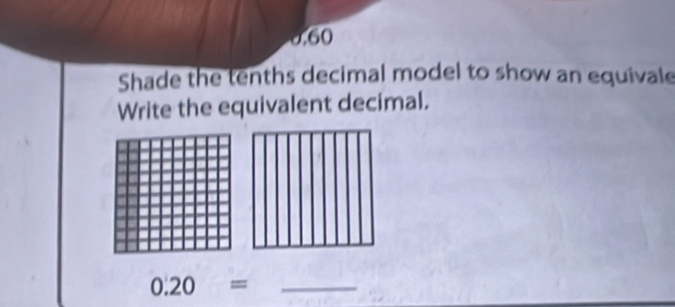 0,60
Shade the tenths decimal model to show an equivale 
Write the equivalent decimal.
0.20= _