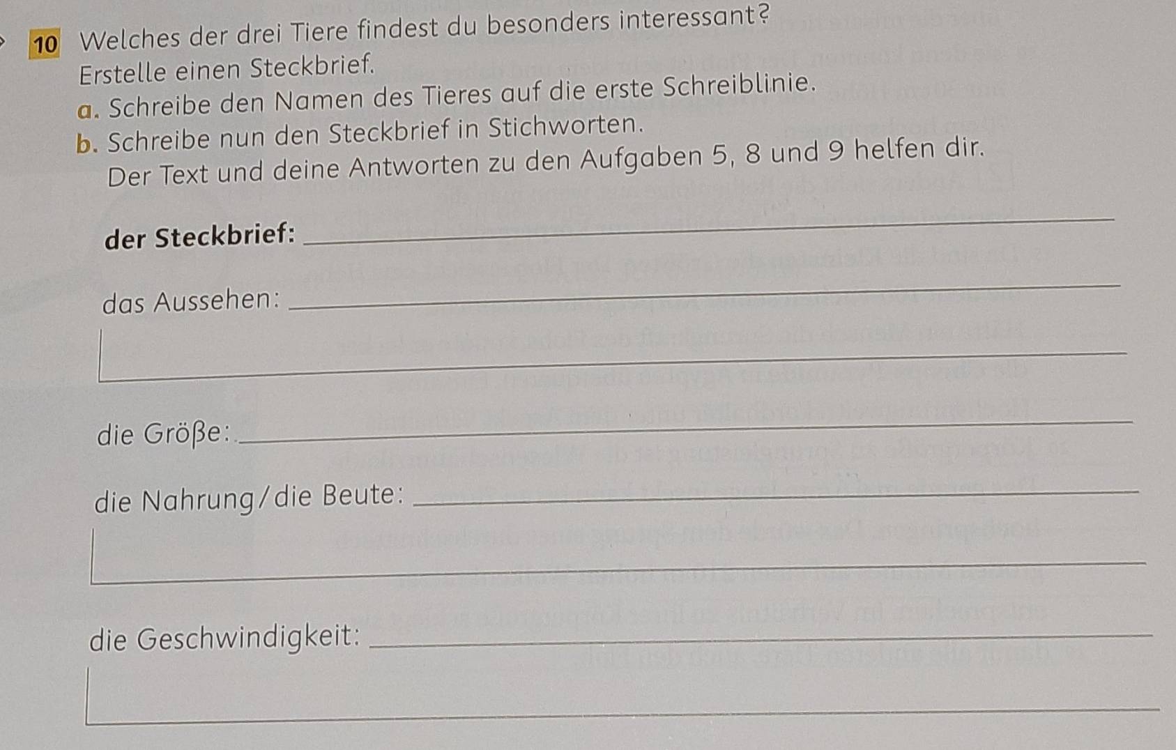 Welches der drei Tiere findest du besonders interessant? 
Erstelle einen Steckbrief. 
a. Schreibe den Namen des Tieres auf die erste Schreiblinie. 
b. Schreibe nun den Steckbrief in Stichworten. 
Der Text und deine Antworten zu den Aufgaben 5, 8 und 9 helfen dir. 
der Steckbrief: 
_ 
das Aussehen: 
_ 
_ 
die Größe: 
_ 
die Nahrung/die Beute:_ 
_ 
die Geschwindigkeit:_ 
_