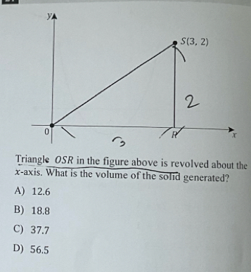 Triangle OSR in the figure above is revolved about the
x-axis. What is the volume of the solid generated?
A) 12.6
B) 18.8
C) 37.7
D) 56.5