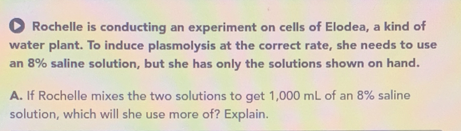 Rochelle is conducting an experiment on cells of Elodea, a kind of 
water plant. To induce plasmolysis at the correct rate, she needs to use 
an 8% saline solution, but she has only the solutions shown on hand. 
A. If Rochelle mixes the two solutions to get 1,000 mL of an 8% saline 
solution, which will she use more of? Explain.