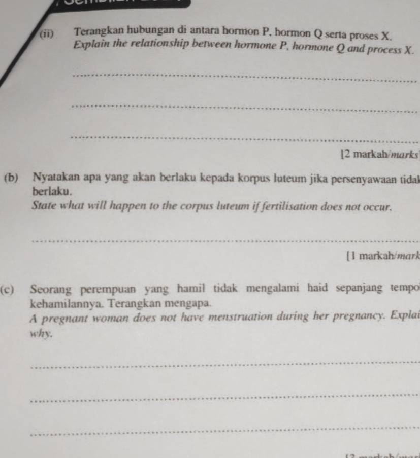 (ii) Terangkan hubungan di antara hormon P, hormon Q serta proses X. 
Explain the relationship between hormone P, hormone Q and process X. 
_ 
_ 
_ 
[2 markah/marks 
(b) Nyatakan apa yang akan berlaku kepada korpus luteum jika persenyawaan tidak 
berlaku. 
State what will happen to the corpus luteum if fertilisation does not occur. 
_ 
[1 markah/mark 
(c) Seorang perempuan yang hamil tidak mengalami haid sepanjang tempo 
kehamilannya. Terangkan mengapa. 
A pregnant woman does not have menstruation during her pregnancy. Explai 
why. 
_ 
_ 
_