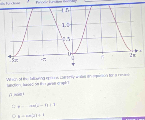 dic Functions Periodic Function Flexibility
Which of the following options correctly writes an equation for a cosine
function, based on the given graph?
(1 point)
y=-cos (x-1)+1
y=cos (x)+1