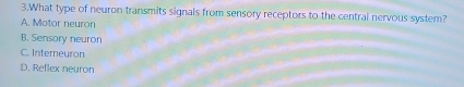 What type of neuron transmits signals from sensory receptors to the central nervous system?
A. Motor neuron
B. Sensory neuron
C. Interneuron
D. Reflex neuron