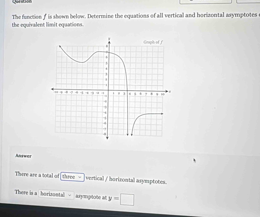 Question 
The function f is shown below. Determine the equations of all vertical and horizontal asymptotes c 
the equivalent limit equations. 
Answer 
There are a total of three vertical / horizontal asymptotes. 
There is a horizontal asymptote at y=□