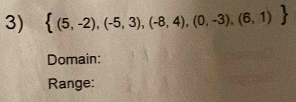  (5,-2),(-5,3),(-8,4),(0,-3),(6,1)
Domain: 
Range: