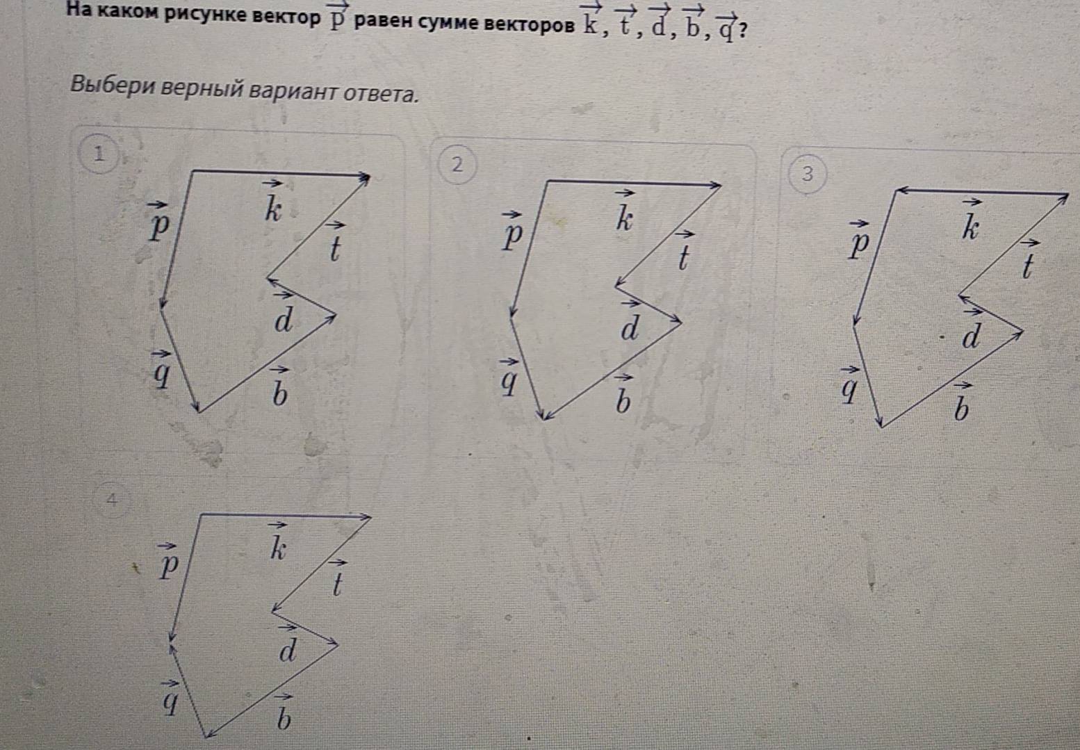 На каком рисунке вектор vector p равен сумме векторов vector k,vector t,vector d,vector b,vector q ?
Βыбери верный Βариант ответа.
1