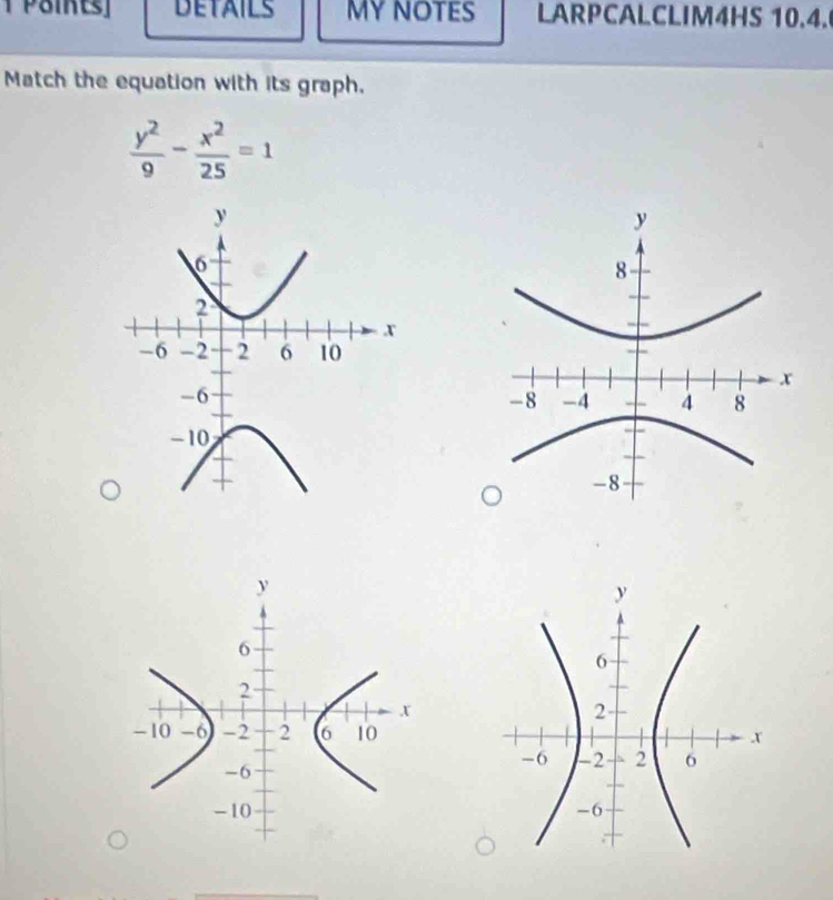 DETAILS MY NOTES LARPCALCLIM4HS 10.4. 
Match the equation with its graph,
 y^2/9 - x^2/25 =1