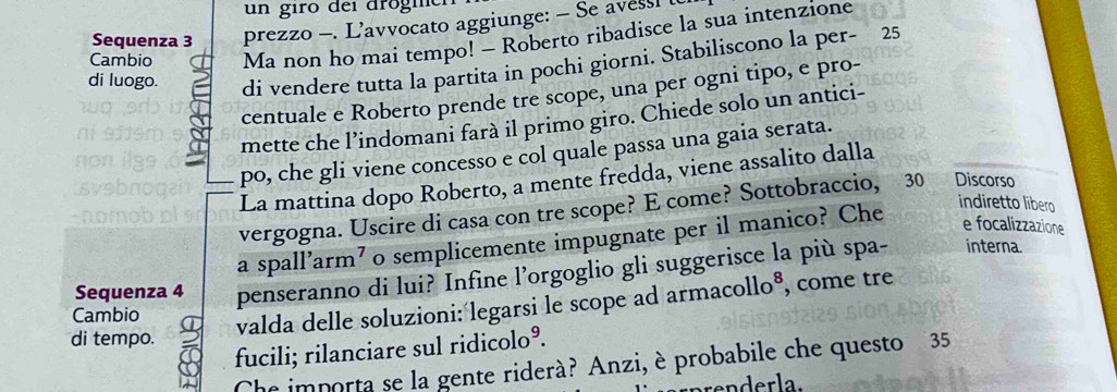 un giró dei dro gmo 
Sequenza 3 prezzo -. L'avvocato aggiunge: - Se avess 
Cambio Ma non ho mai tempo! - Roberto ribadisce la sua intenzione 
di luogo. di vendere tutta la partita in pochi giorni. Stabiliscono la per - 25
centuale e Roberto prende tre scope, una per ogni tipo, e pro- 
mette che l’indomani farà il primo giro. Chiede solo un antici- 
po, che gli viene concesso e col quale passa una gaia serata. 
La mattina dopo Roberto, a mente fredda, viene assalito dalla 
indiretto libero 
vergogna. Uscire di casa con tre scope? E come? Sottobraccio, 30 Discorso 
a spall’arm’ o semplicemente impugnate per il manico? Che 
e focalizzazione 
Sequenza 4 penseranno di lui? Infine l’orgoglio gli suggerisce la più spa- 
interna. 
Cambio 
valda delle soluzioni: legarsi le scope ad armacollo®, come tre 
di tempo. 
fucili; rilanciare sul ridicolo°. 
Che importa se la gente riderà? Anzi, è probabile che questo 35
d l