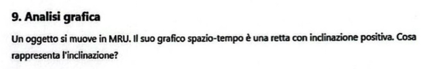 Analisi grafica 
Un oggetto si muove in MRU. Il suo grafico spazio-tempo è una retta con inclinazione positiva. Cosa 
rappresenta l'inclinazione?