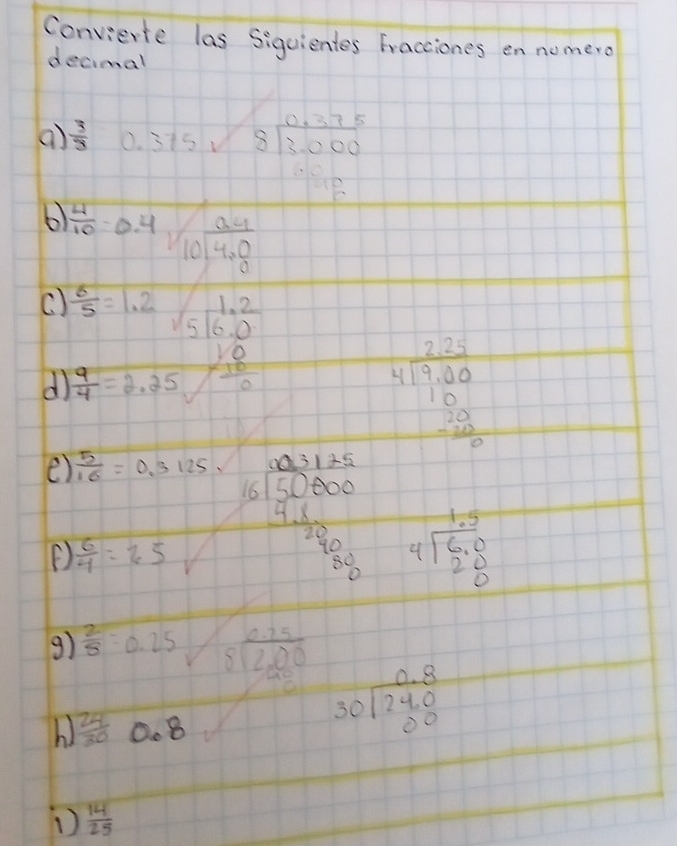 Convierte las Siguientes Fracciones en nomero 
decimal 
()  3/3  0. 375sqrt(8beginarray)r 0.375 encloselongdiv 3.000endarray 
4990
6  4/10 -0.4 1sqrt(10) (0.4)/4.8 
C  6/5 =1.2sqrt(5)beginbmatrix 1.5) 0.0
d  9/4 =2.25
beginarrayr 2.2 4encloselongdiv 9.00 10 -28 hline 0endarray
e)  5/16 =0.3125
 6/4 =25 frac 1,125 6encloselongdiv 4,00000 4,10 beginarrayr 1.5 4encloselongdiv 6.0 20 endarray
9)  2/8 =0.25
b  24/30 0.8
beginarrayr 0.75 8encloselongdiv 2.8 000 beginarrayr 0.8 30encloselongdiv 24.0endarray
 14/25 