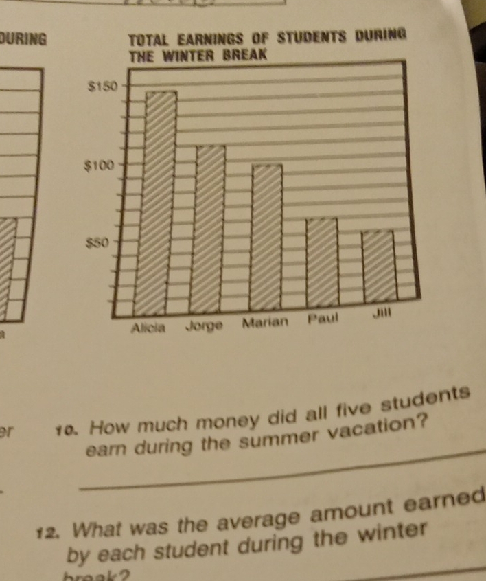 DURING TOTAL EArNINGS Of StUdeNTS DUriNg 
or . How much money did all five students 
_ 
earn during the summer vacation? 
12. What was the average amount earned 
_ 
_ 
by each student during the winter