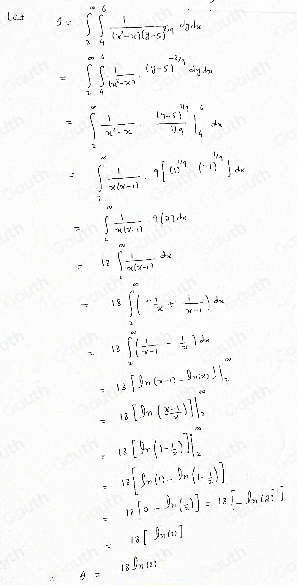 Solved: Integrate f(x,y)=frac 1(x^2-x)(y-5)^8/9 over the infinite ...