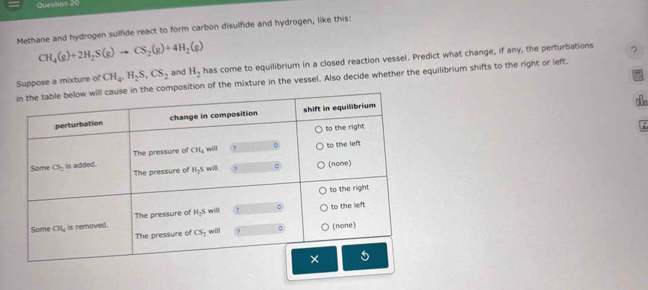 Methane and hydrogen sulfide react to form carbon disulfide and hydrogen, like this:
CH_4(g)+2H_2S(g)to CS_2(g)+4H_2(g)
Suppose a mixture of and H_2 has come to equilibrium in a closed reaction vessel. Predict what change, if any, the perturbations ?
composition of the mixture in the vessel. Also decide whether the equilibrium shifts to the right or left. CH_4,H_2S,CS_2