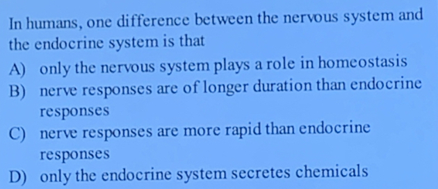 In humans, one difference between the nervous system and
the endocrine system is that
A) only the nervous system plays a role in homeostasis
B) nerve responses are of longer duration than endocrine
responses
C) nerve responses are more rapid than endocrine
responses
D) only the endocrine system secretes chemicals